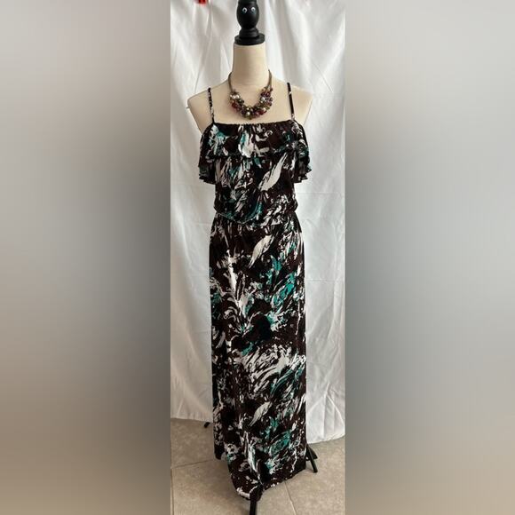 Allen B. By Allen Schwartz Maxi Long Dress Stretch Straps Aqua Green/Brown Sz XL - Picture 2 of 8
